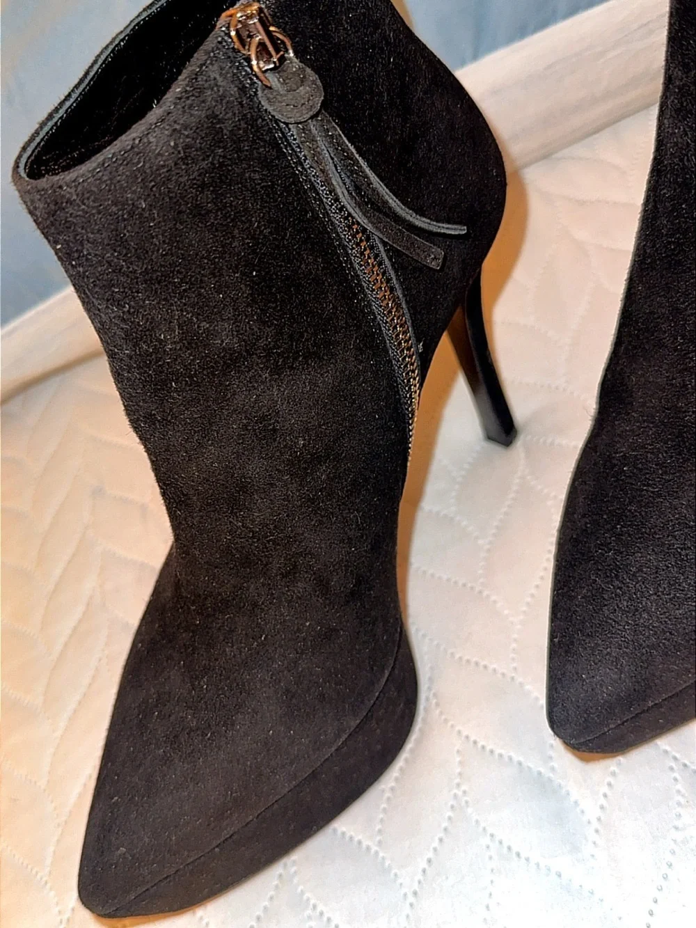 Miu Miu Black Suede Platform Ankle Booties with Gold Zip